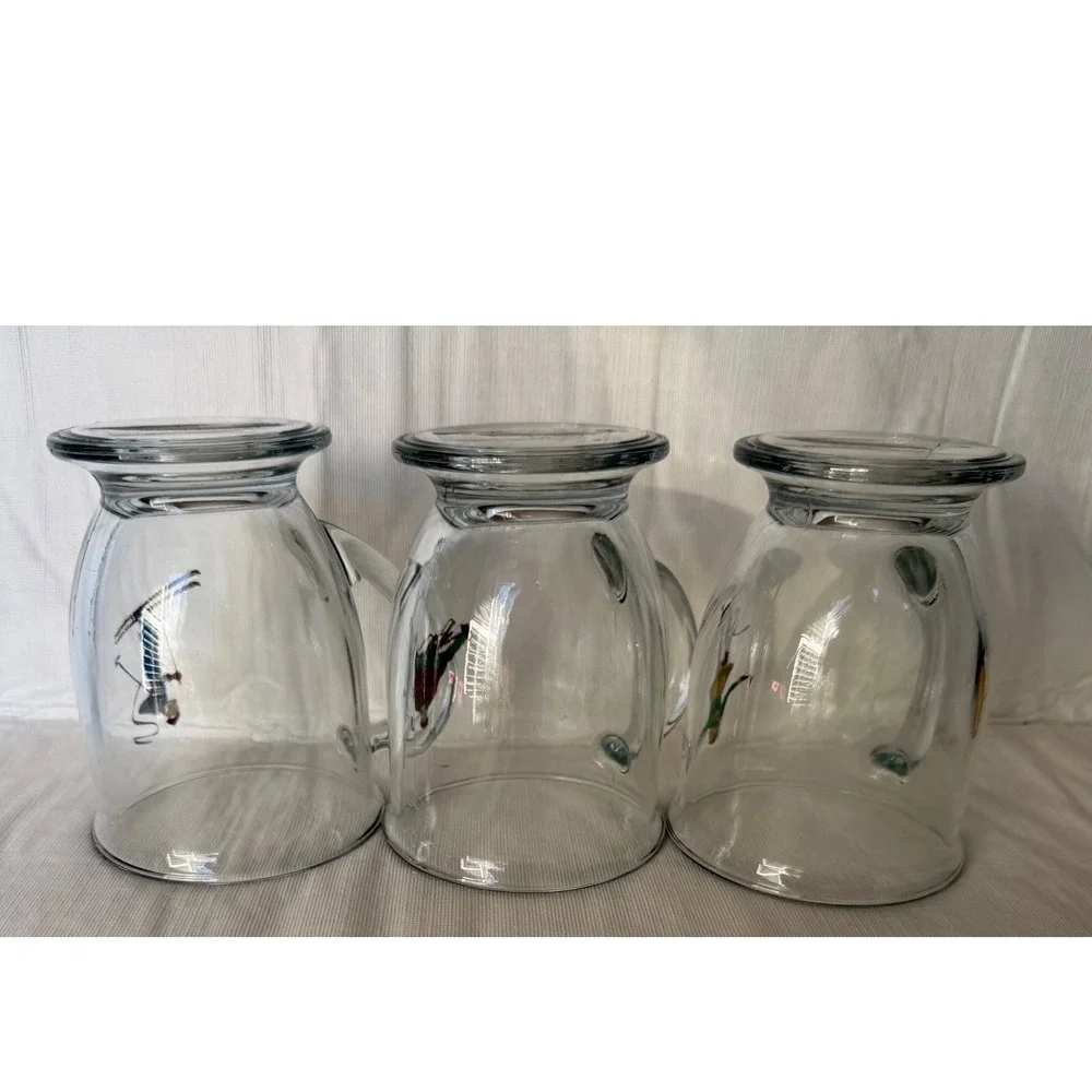 Vintage 3 Glass Footed Mugs Winter Ski Snowboard Sled Dancers‎ Williams Sonoma